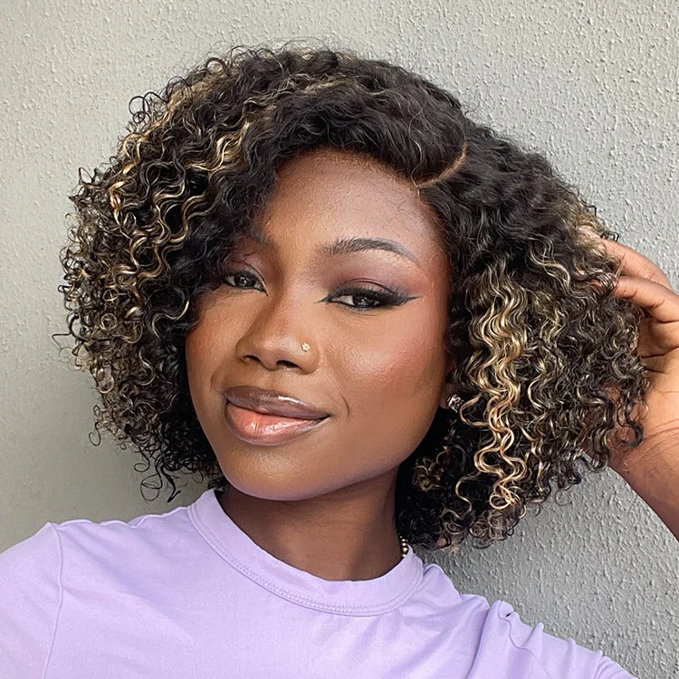 Wig for polished look-1 SEC INSTALL WIG | Honey Blonde Highlight / Natural Black Kinky Curly Glueless Minimalist HD Lace Classic Short Wig Pre-Cut Lace