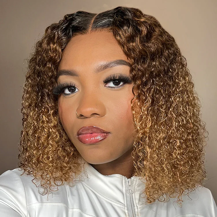 Wig for bold colors-1 SEC INSTALL WIG | Sun-kissed Ombre Blonde Kinky Curly Glueless 5x5 Clouse Pre-Cut Lace Shoulder Length Wig