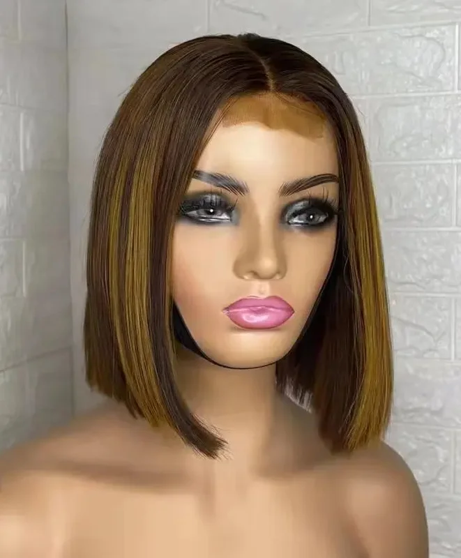 Long black wig straight-12A Bob Wig Highlight Brown Silky Straight Wigs