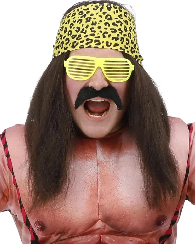 Wig for soft shine-90s Wrestling Star Brown Wig Bandana Moustache and Sunglasses Set