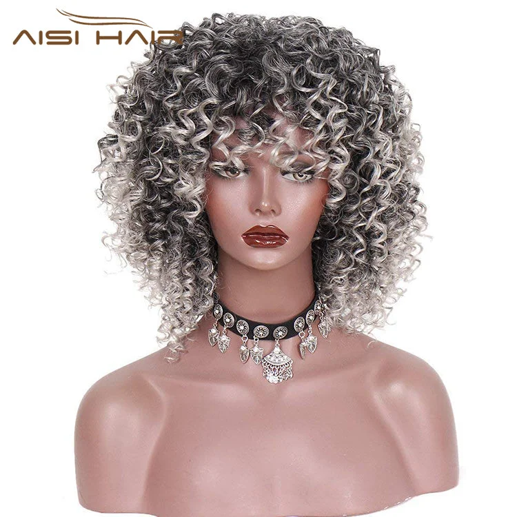 Blonde curly wig long-Aisi Hair New Design Afro Short Bob Kinky Curly Ombre Silver Wig With Bangs Shoulder Length Kinky Fluffy Wigs For Black Women