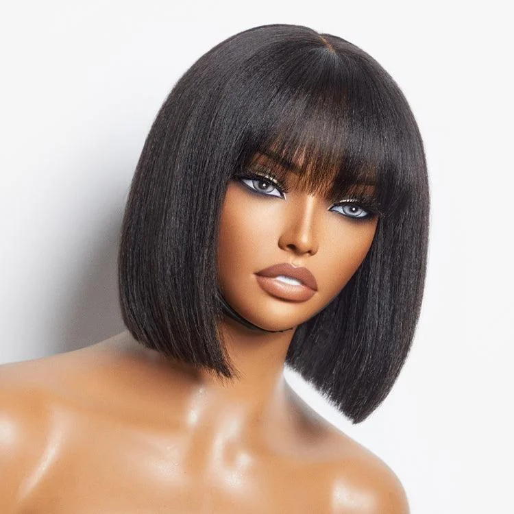 Wig brush for curls-Beginner Friendly Yaki Straight Blunt Cut Bob with Bangs Glueless Minimalist Lace Wig