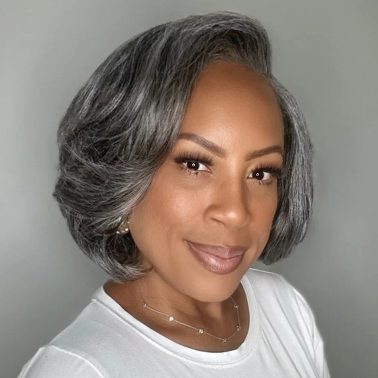 Lace wig for summer-Boss Vibe Salt & Pepper Layered Bob / Body Wave Glueless Pre-Cut Minimalist Lace Grey Wig