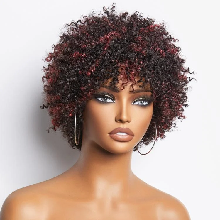 Wig for bold finish-Dark Red / Blonde Highlights / Natural Black Afro Curls Glueless Ready to Go Wig Beginner Friendly