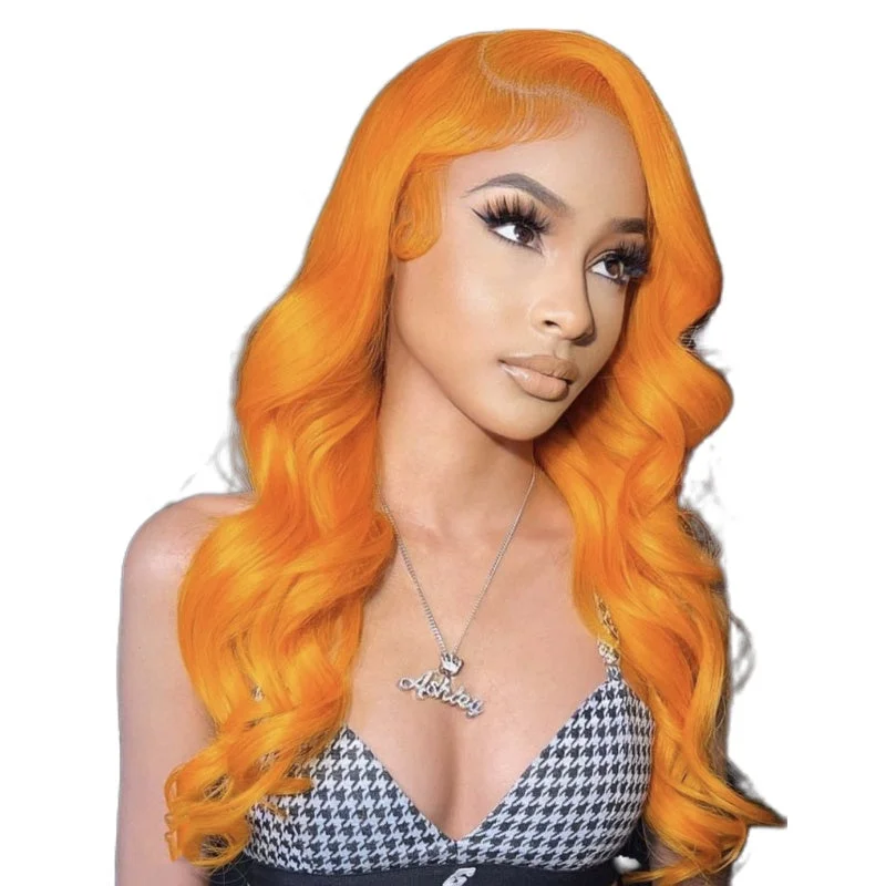 Synthetic wig for women-factory 12A grade brazilian hd lace frontal wig vendors orange blonde colored body wave hd full 4x4 closure lace wig