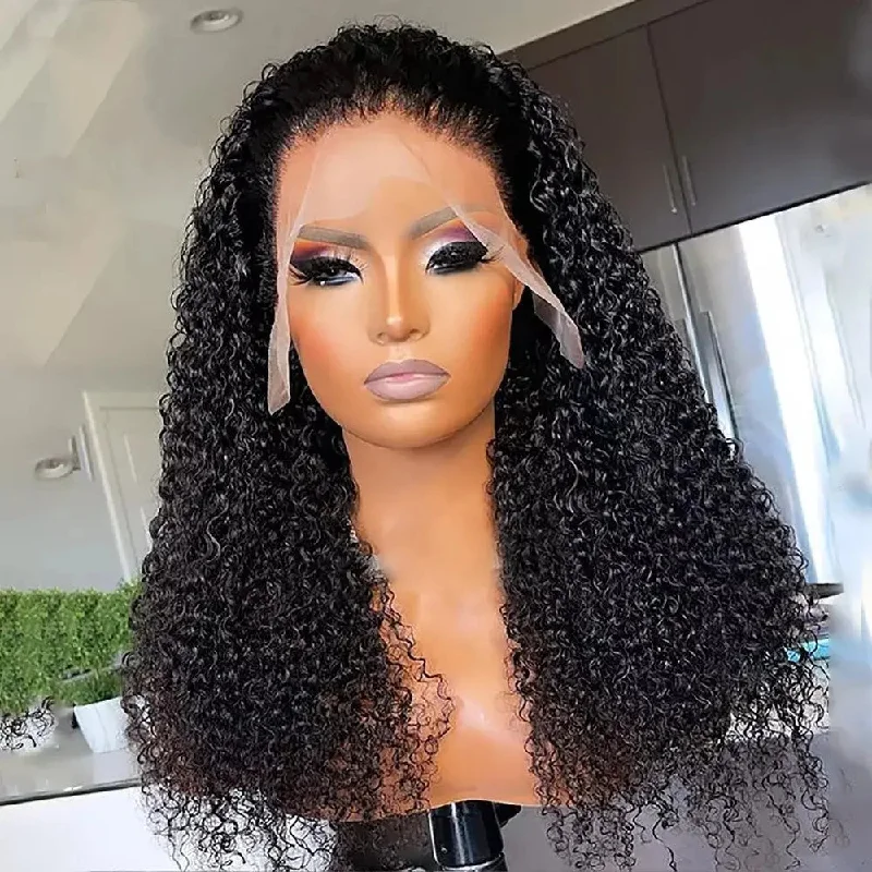 Lace wig with highlights-High Density Natural Black Color Kinky Curly Wig Pre Plucked Cuticle Aligned Brazilian Lace Front Wigs