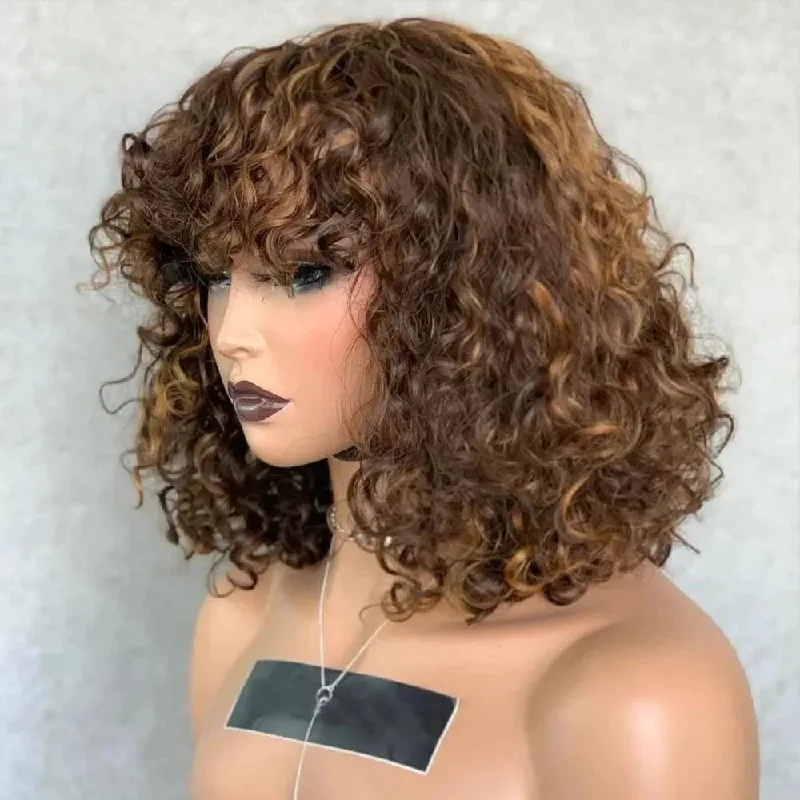 Wig for sleek texture-Highlights Brown Deep Loose Wave Bob Wig with Bangs Lace Front Wigs for Black Women