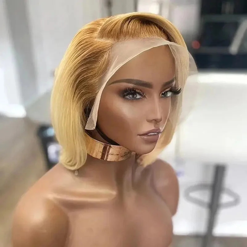 Lace wig for summer-Honey Blonde Short Bob Dark Brown Root Cuticle Aligned Glueless Virgin Hair 13*4 Lace Frontal Wigs