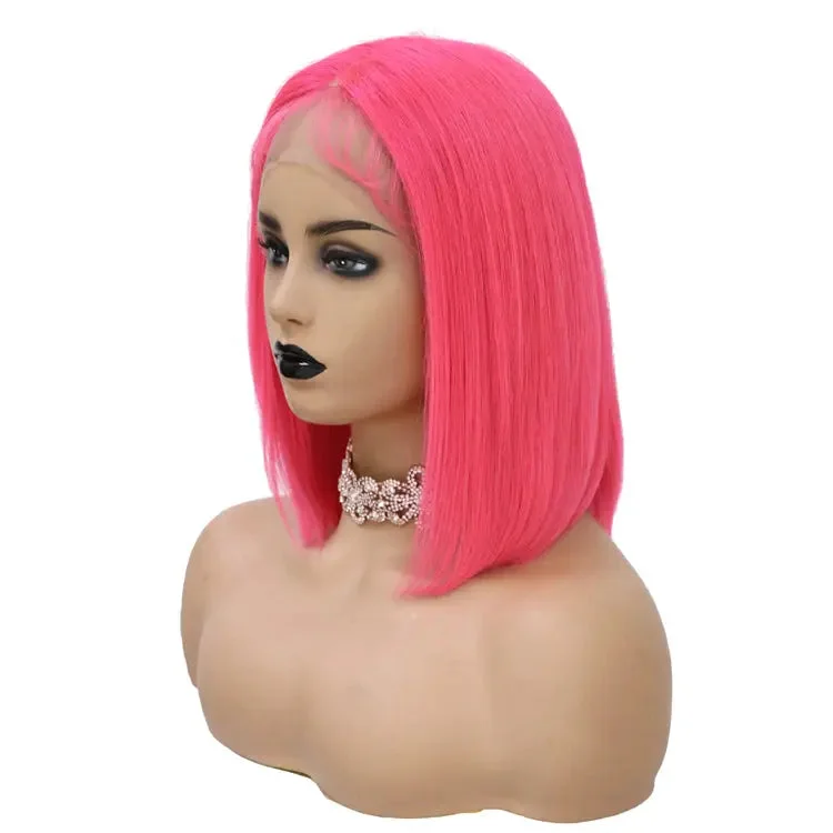 Side bang wig short-Hot Sale 14" Pink Color Long Bob Brazilian Hair