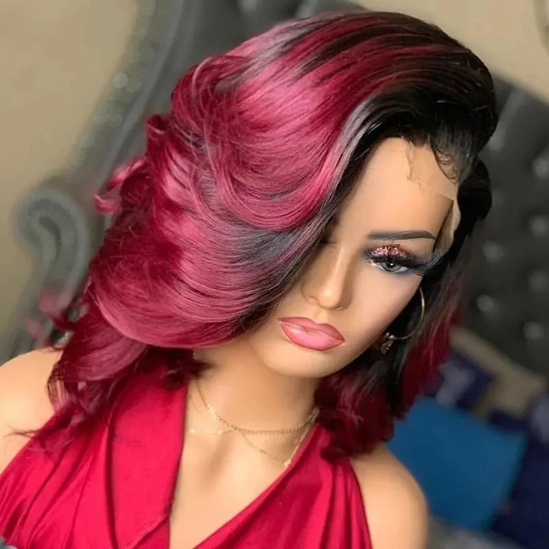 Synthetic wig for women-Hot Selling Short Bob Wigs Body Wave Ombre Purple Red Cuticle Aligned Hair Lace Front Wig