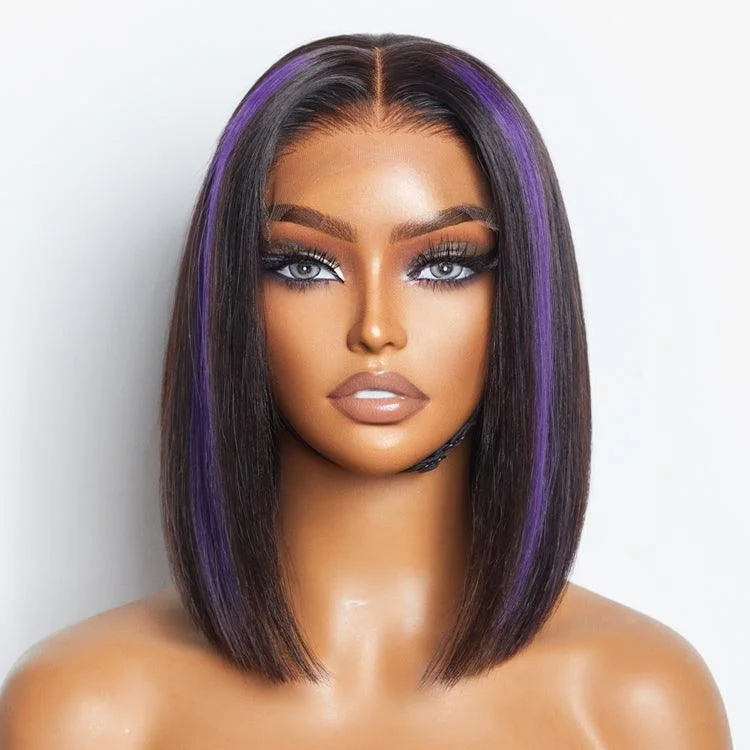 Wig with baby hairs-Limited Design | Purple Highlights Glueless 5x5 Closure HD Lace Bob Wig | Large & Small Cap Size