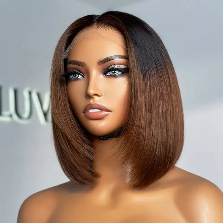 Synthetic wig for women-Ombre Bronze Brown Layered Silky Blunt Cut Bob Wig Glueless 5x5 Closure HD Lace Short Wig