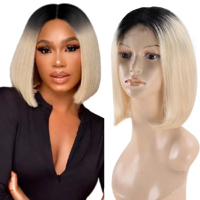 Curly wig with bangs-Ombre T1b/613 Bob transparent Lace Wig