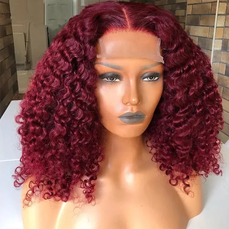 Wig for bold vibe-Popularity 99J Burgundy Color Kinky Curly Bob Double Drawn Cuticle Aligned Virgin Hair Lace Front Wigs For Black Women