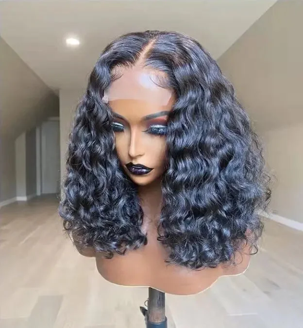 Short wig for women-Pre Plucked Natural Black Deep Wave Unprocessed Peruvian Hair 13*4 Lace Front Wigs for Black Women