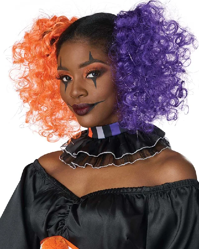 Long black wig straight-Purple and Orange Curly Clips Wig