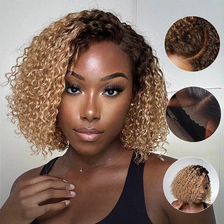 Wig for character role-Put On & Go Ombre Ash Blonde Kinky Curly Glueless Minimalist HD Lace Wig Pre-Cut Lace