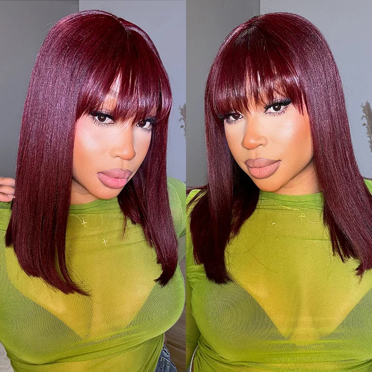 Wig for festival outfit-Reddish Purple Realistic Glueless Yaki Straight Bob with Bangs Minimalist Lace Bob Wig Put on & Go