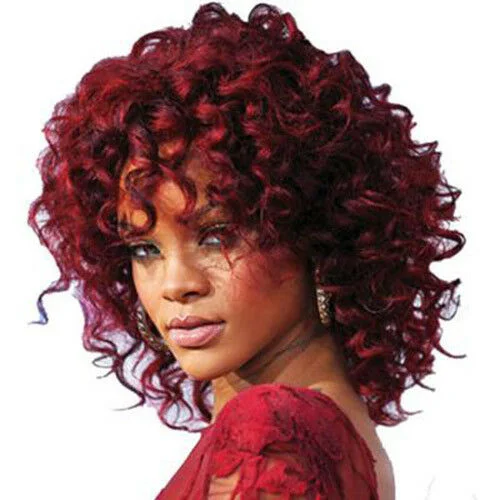 Full head wig coverage-Rihanna Short Curly Red Wigs For Women 180% density virgin hair lace front Bob Wigs with fringe bang Burgundy Perruque