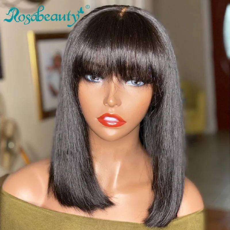 Wig for effortless look-Rosabeauty Natural Brazilian Bob Wig Straight Hair Dark Colored With Bangs  Full Machine Made For Black Women