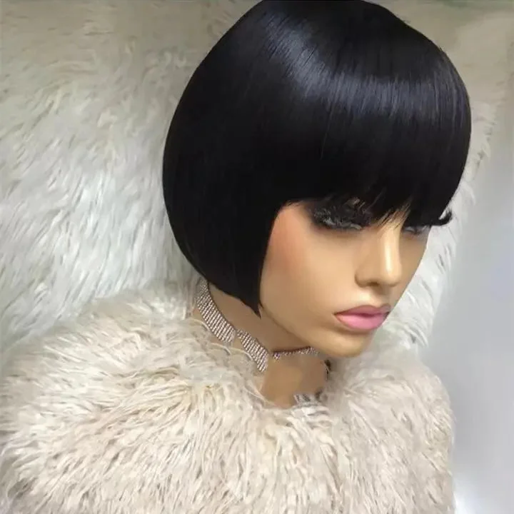 Wig for modern vibe-Short Bob Wigs Natural Black Color Silky Straight Peruvian Hair None Lace Wigs for Black Women