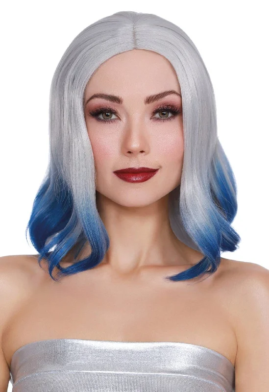 Wig for polished style-Shoulder Lenth Wig With Bangs and Bottom Curl Silver and Blue