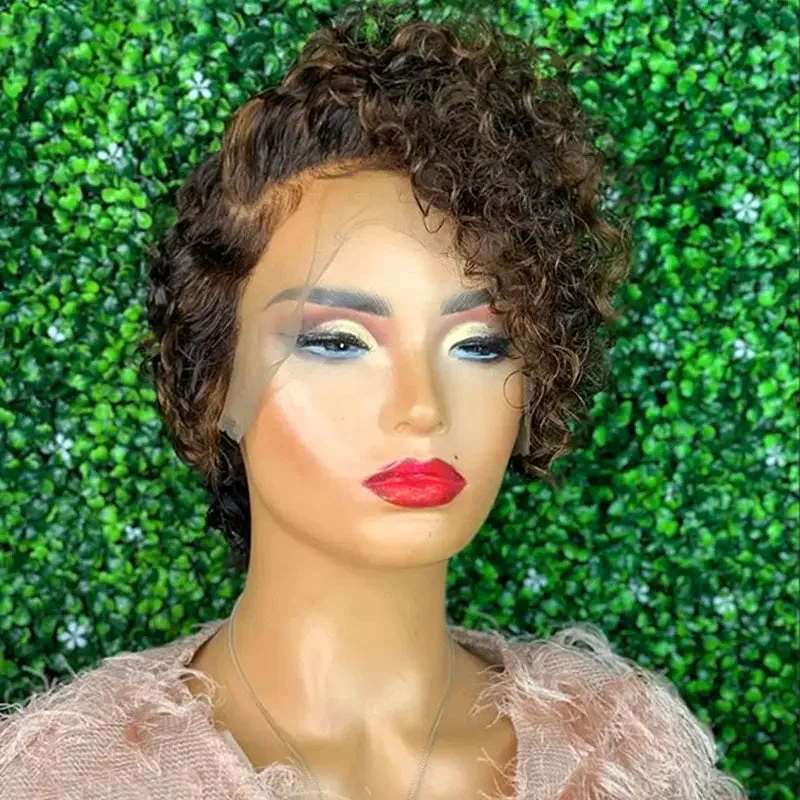 Wig stand for display-Swiss Lace Ombre Brown Color Curly Pixie Cut Bob Virgin Cuticle Aligned Hair Lace Front Wigs