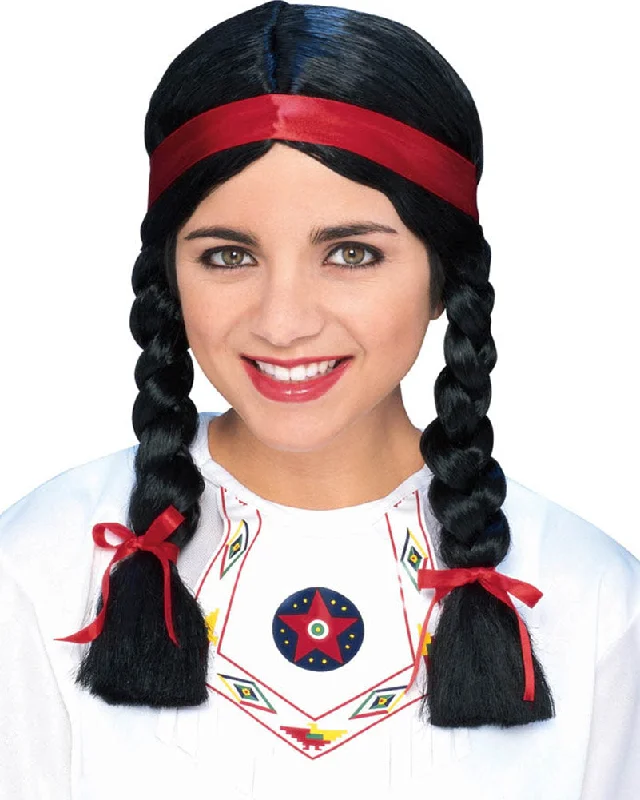 Curly wig with bangs-Tribal Black Wig with Ribbons