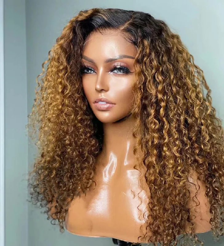 Wig for kids party-Wholesale Afro Wave  Highlight Brown Color Raw Peruvian Hair 13*4 Lace Front Wigs for Black Women