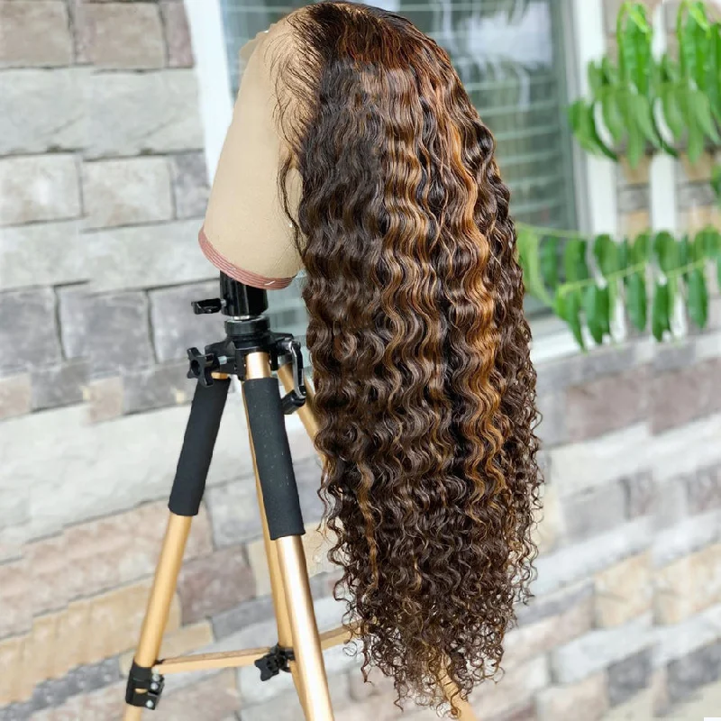 Lace closure wig cheap-Wholesale Deep Curly Highlight Brown Color Raw Peruvian Hair 13*4 Lace Front Wigs for Black Women