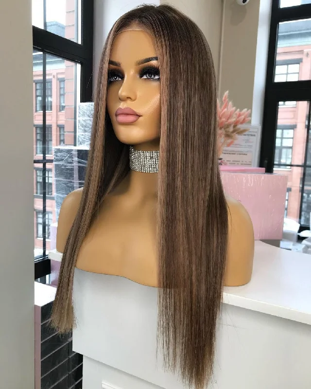 Long layered wig brown-Wholesale Highlight Brown Silky Straight Natural Raw Indian Hair 13*4 Lace Front Wigs for Women