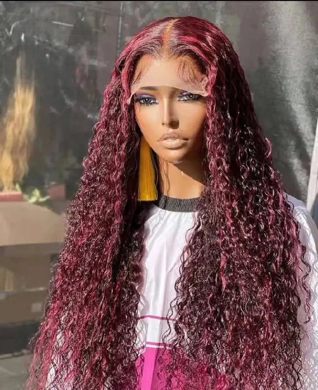 Synthetic wig for cosplay-Wholesale Long Curly Wigs Burgundy Deep Curly Raw Malaysia Hair 13*4 Lace front Wigs for Black Women