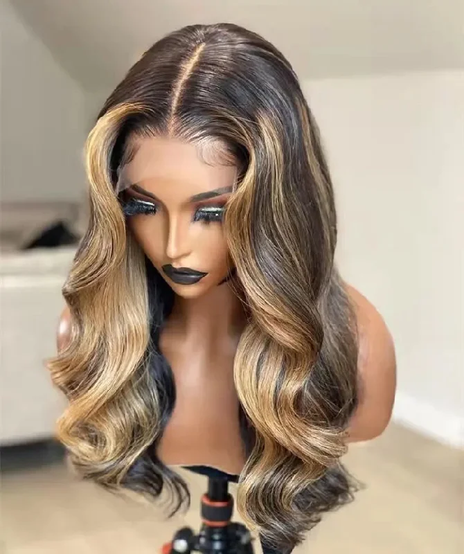 Long wavy wig black-Wholesale Wavy Highlight Brown Virgin Cuticle Aligned Hair 13*4 Lace front Wigs for Black Women