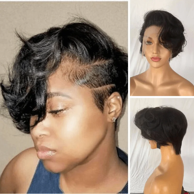 real person hair ring supplier-100% Human Hair Short Pixie Wigs with Side Part Bangs for African American