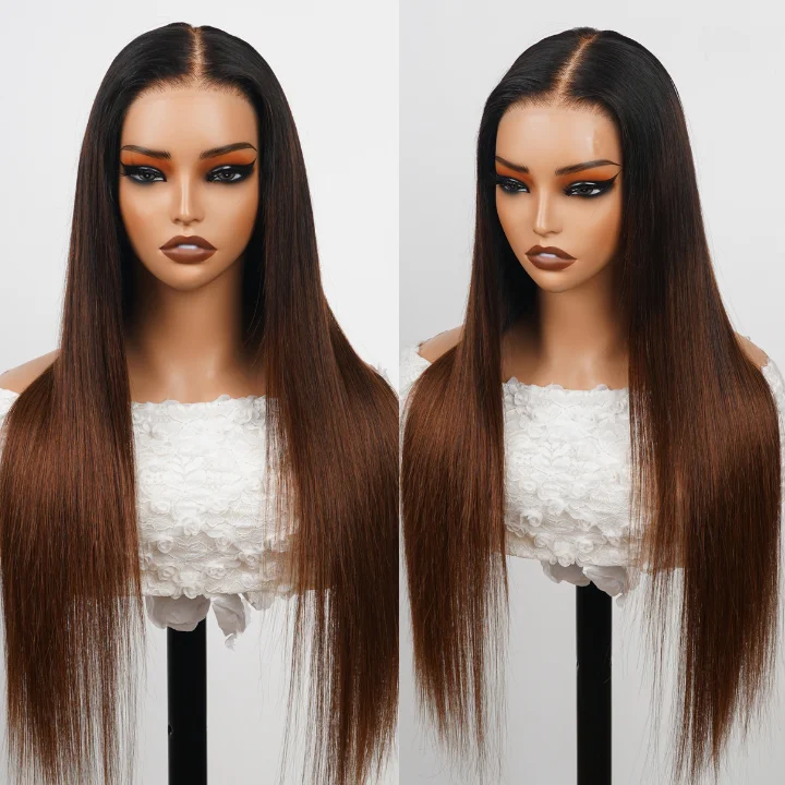 real person hair ring must-have-24H Fast Shipping Glueless Dark Root  Ombre Brown Lace Front Straight Wig 100% Human Hair - Clear Transparent Lace Front/Closure Human Hair Wig- Amanda Hair