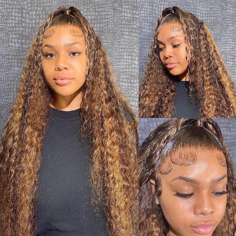 real person hair ring FAQ-#4/27 Highlight Piano Fall Color 13x4 Curly Deep Wave Lace Front Human Hair Wigs