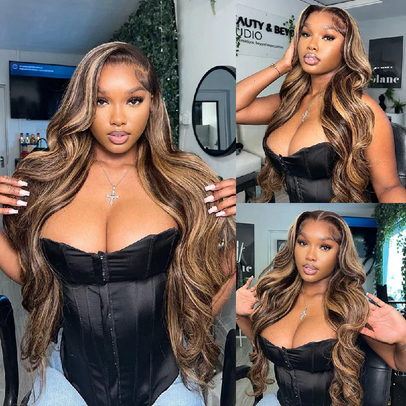 real person hair ring cultural-#4/27 Highlight Piano Fall Color 13x4 Lace Front Body Wave Human Hair Wigs