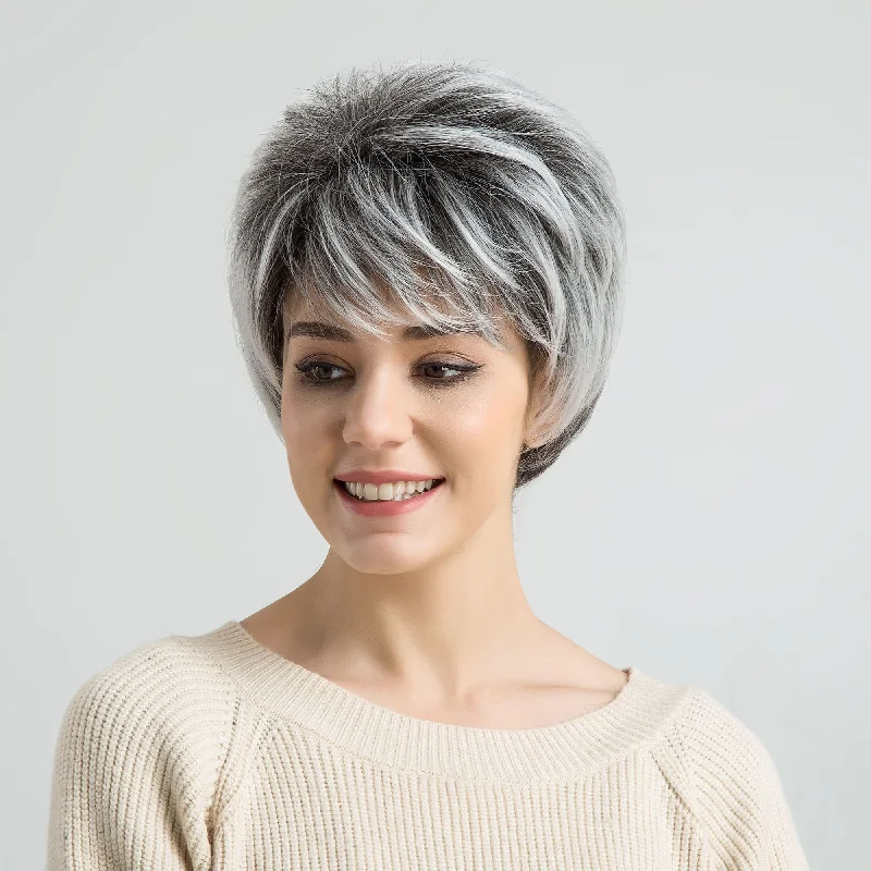 Synthetic wigs for modern look-8inch Short Pixie Cut Grandma's Grey Heat Resistant Fiber Synthetic Wig