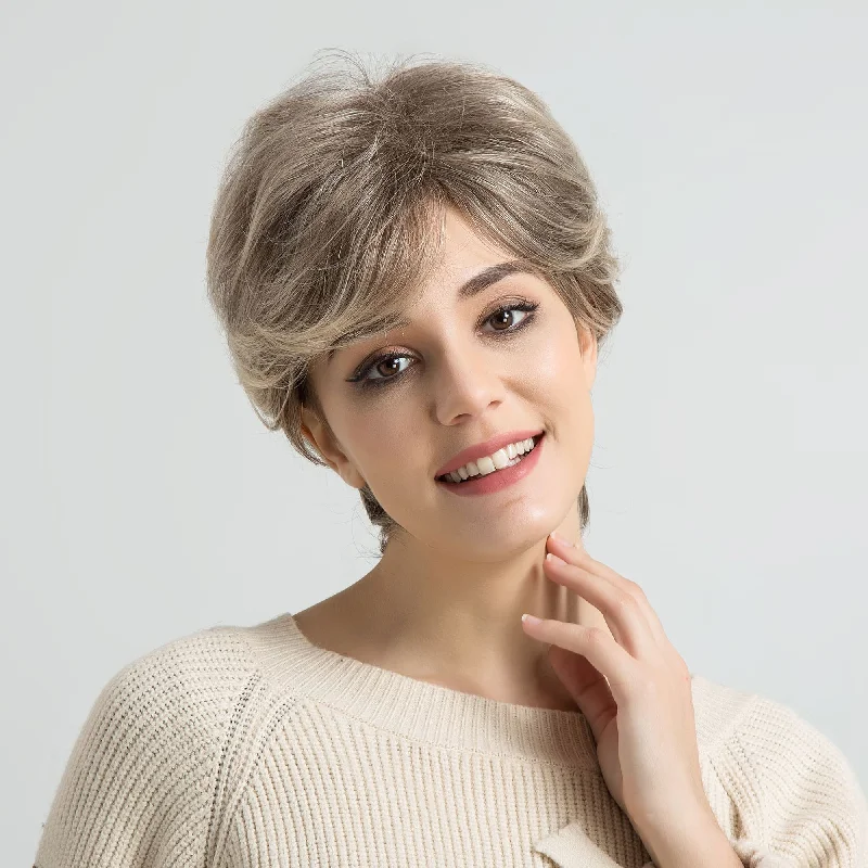 Synthetic wigs for online deals-8inch Short Pixie Cut Grey Base With Lighter Silver highlights Heat Resistant Fiber Synthetic Wig