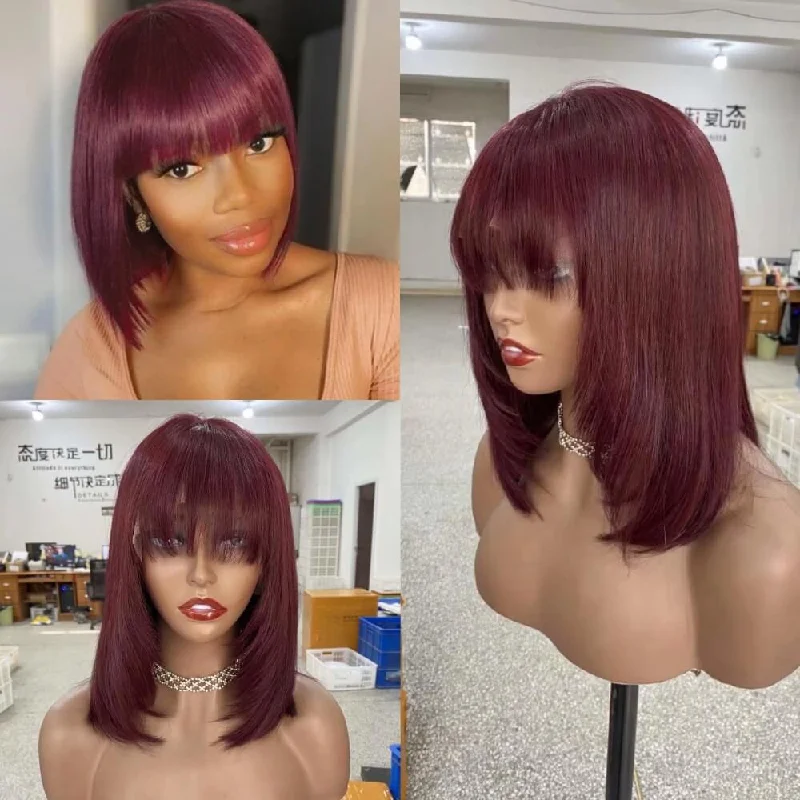 real person hair ring boutique-99J Color Human Hair Bob Wig with Bangs Lace Frontal for African American