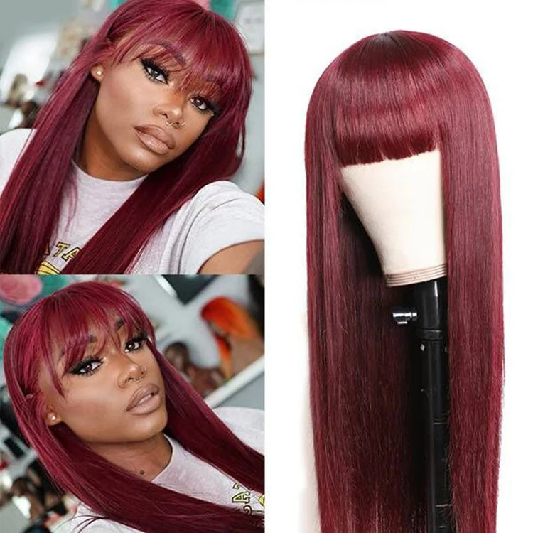 real person hair ring branded-#99J Color Straight Wig With Bangs Human Virgin Hair 180% Density Bang wig