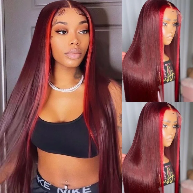 real person hair ring halloween-Highlights 99J Straight / Pink Lace Closure Human Hair Wigs  Ombre Burgundy Red Colored HD Transparent 4x4/13*4 Lace Front Wig With Baby Hair-Amanda Hair