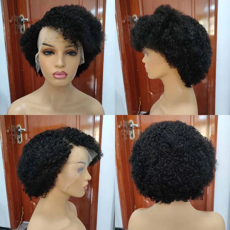 real person hair ring memorial-Afro Kinky Curly Pixie Cut Wig Human Hair 13x4 Lace Frontal Wig for Black Women