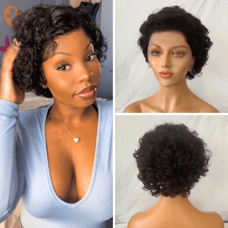 real person hair ring couple-Black Curly Pixie Cut Lace Front Wig Human Hair for Black Women