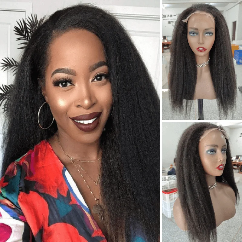 real person hair ring unique-Black Kinky Straight Lace Closure Wig 4x4 Human Hair for African American