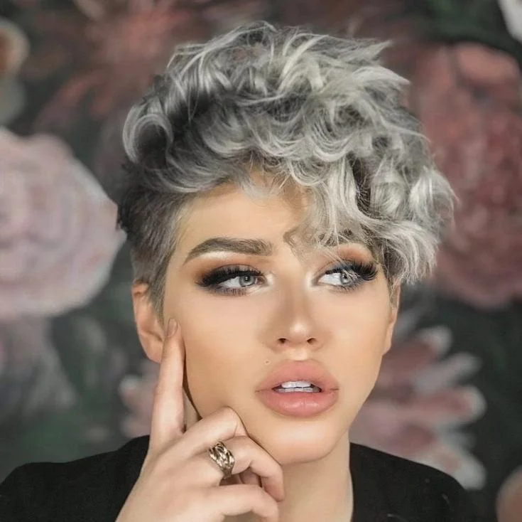 real person hair ring photos-Black Ombre Gray Curly Pixie Cut Wig Human Hair Lace Frontal Wig