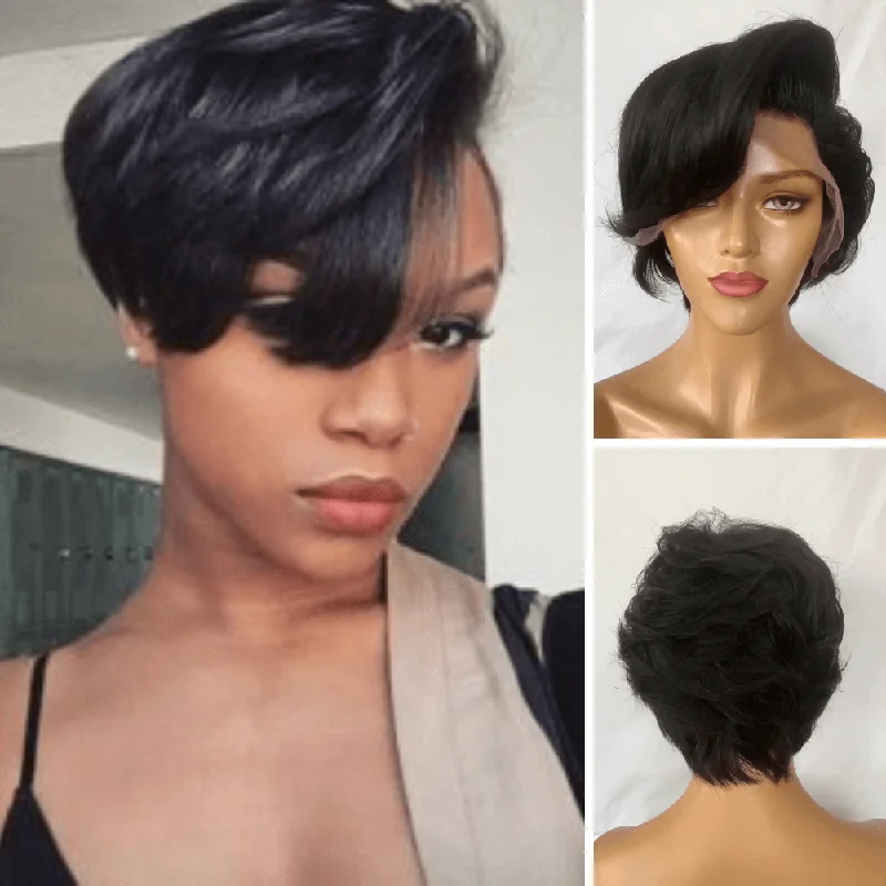 real person hair ring groomsman-Black Pixie Cut Human Hair Lace Wig Wavy with Side Part Bangs