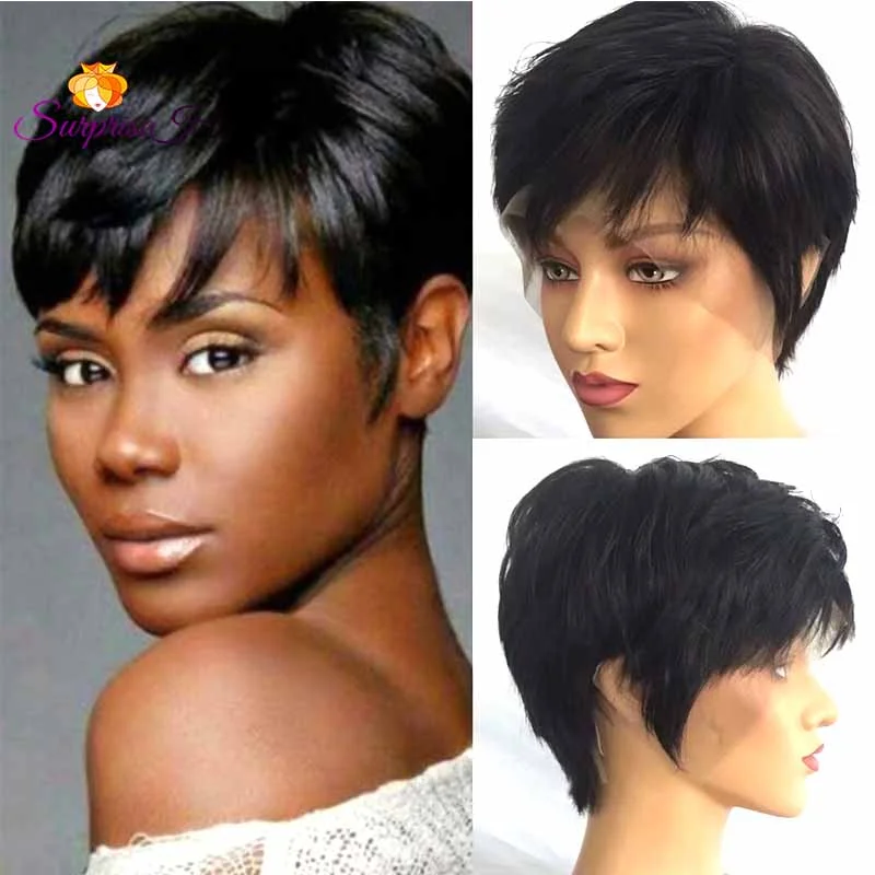 real person hair ring retro-Short black pixie cut lace frontal wig human hair for African American