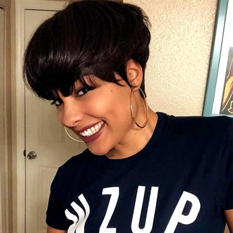 real person hair ring backorder-Natural Short Straight Pixie Cut Lace Frontal Wig Human Hair