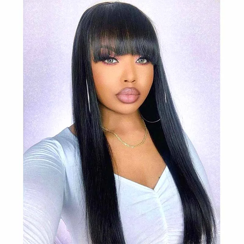 real person hair ring whimsical-Black Straight Lace frontal Wigs with Bangs Human Hair for Black Women